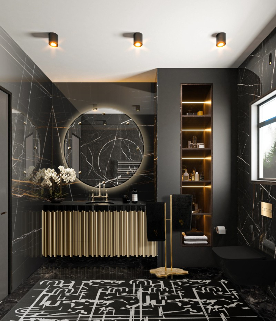 black bathroom with golden details and rug