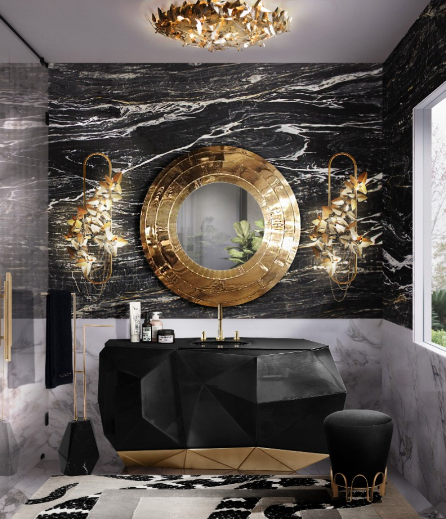 golden bathroom with mirror, washbasin and rug
