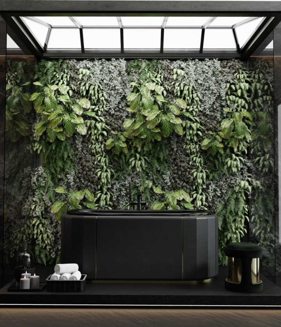 black bathtub with stool and vertical garden