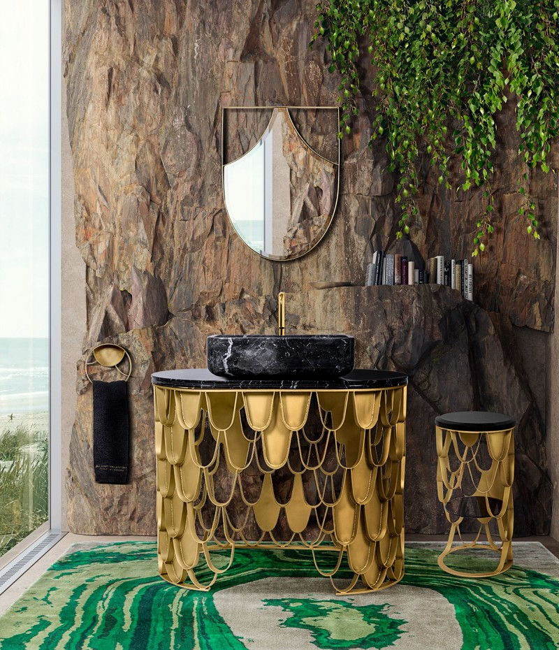 Bathroom-Design-Trends-Green-and-Black-Bathrooms-to-Astonish-GREEN-RUG-WITH-GOLDEN-FURNITURE