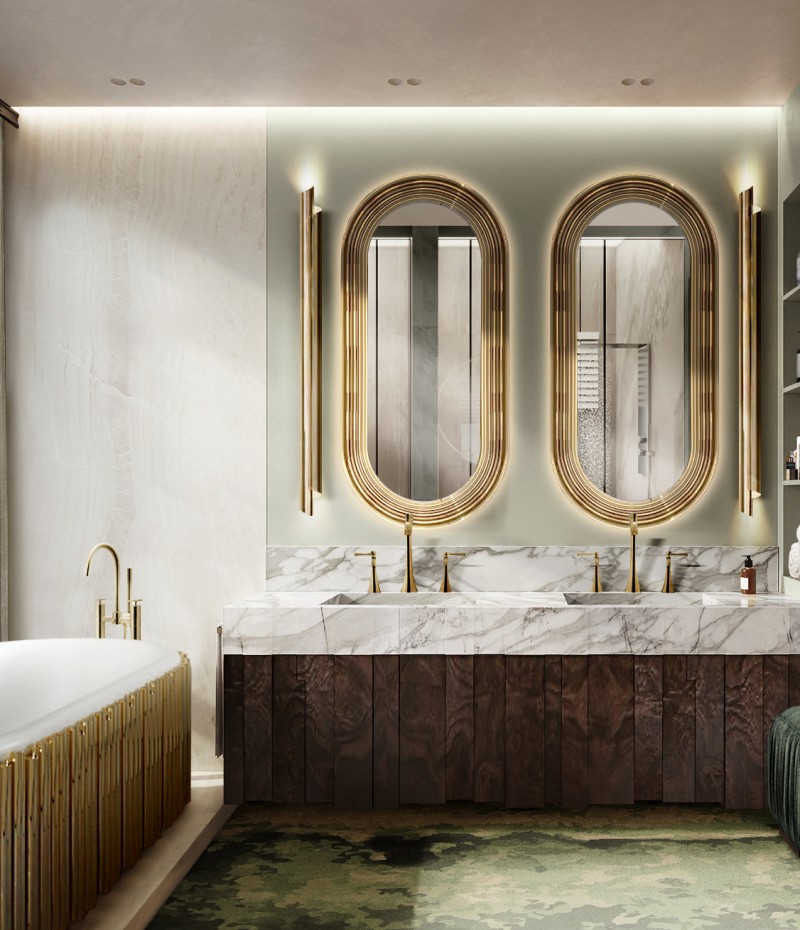 Master Bathroom Ideas To Incorporate In Your Next Design. This bathroom design includes the Nazca Washbasin, Cyrus XL Wall Lamp, Wales Bench, Colosseum Mirror.