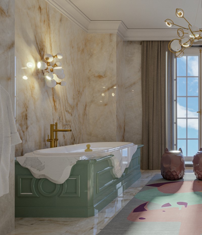 Master Bathroom Ideas To Incorporate In Your Next Design. This bathroom design includes, the Petra Bathtub, Petra Washbasin, Glimmer Mirror, Atomic Wall Lamp.