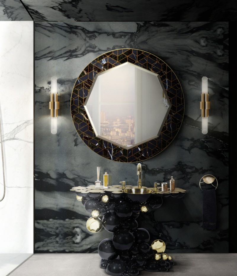 This bathroom design includes the Newton Washbasin, Tortoise Mirror, Koi Towel Ring, Tycho Wall Lamp and the Black Paramount Surface.