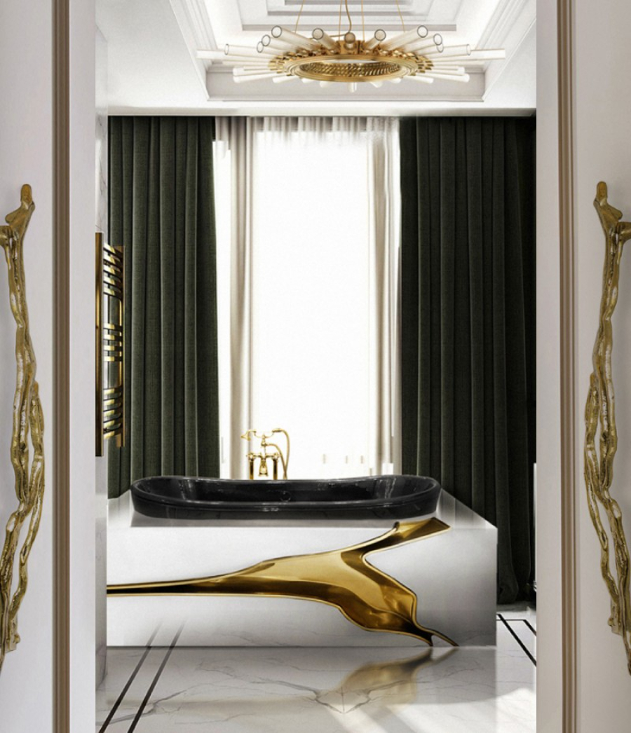 Bathtub with a golden fissure in a glow master bathroom.