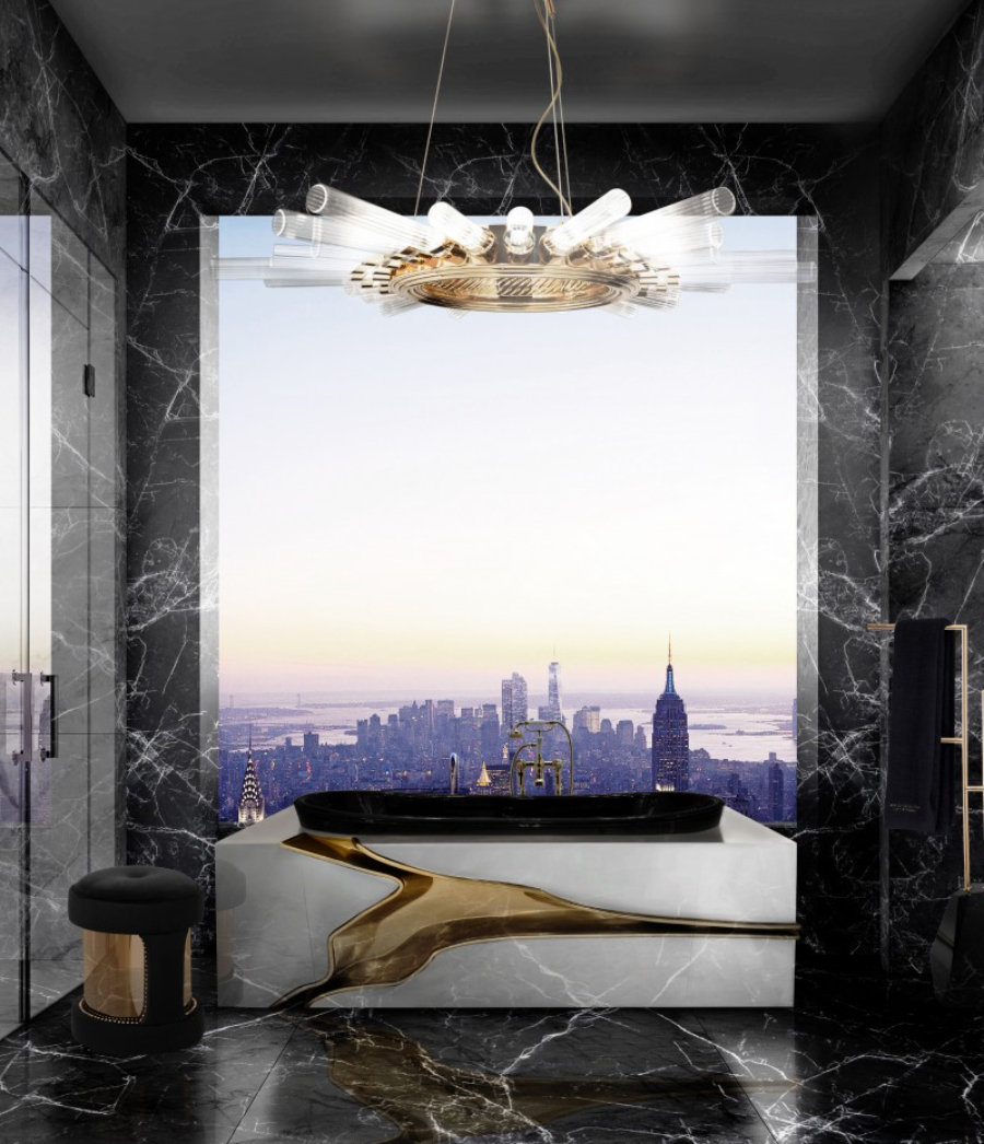 Bathtub in a bathroom design with view of the city.