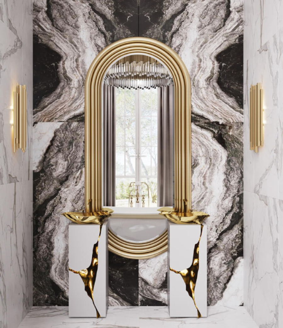 Marble Bathroom Design in a neutral tones with golden details.