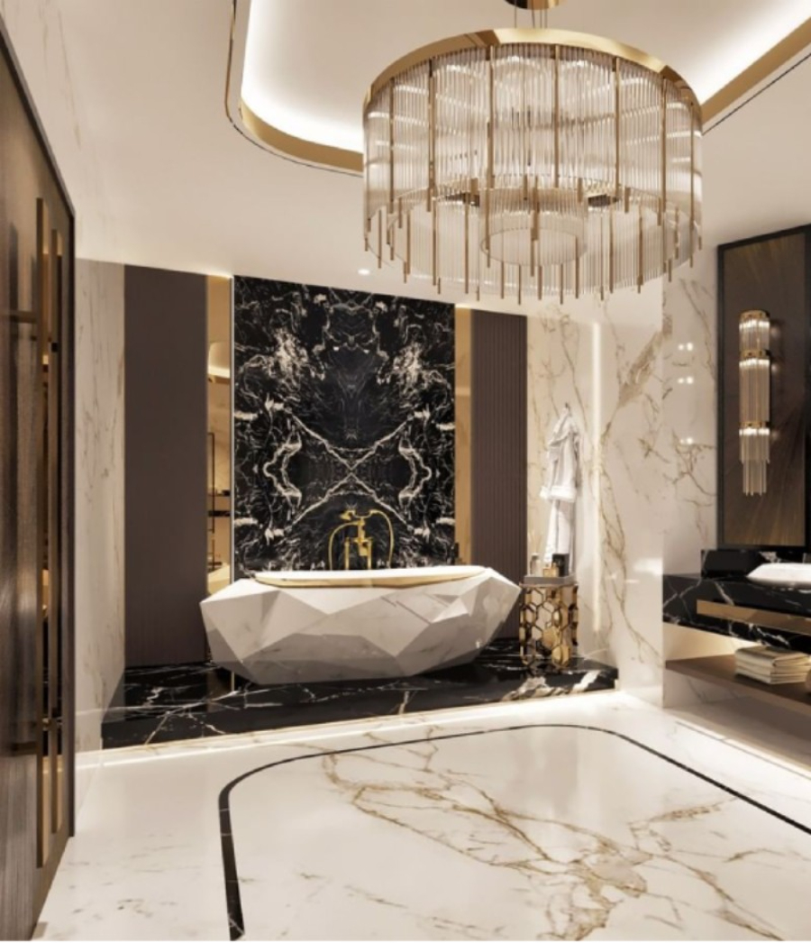 Bathroom designs with white tones and golden finishes in a modern style.