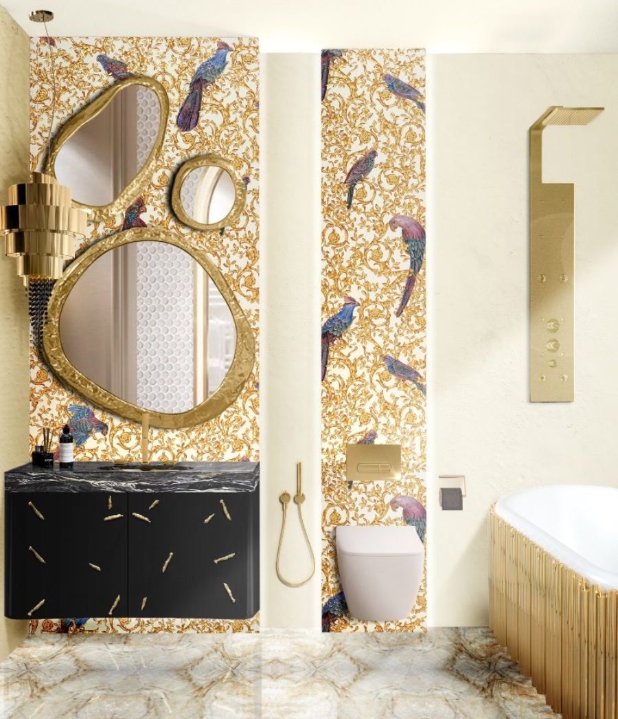 Modern bathroom designs with refined golden tones.