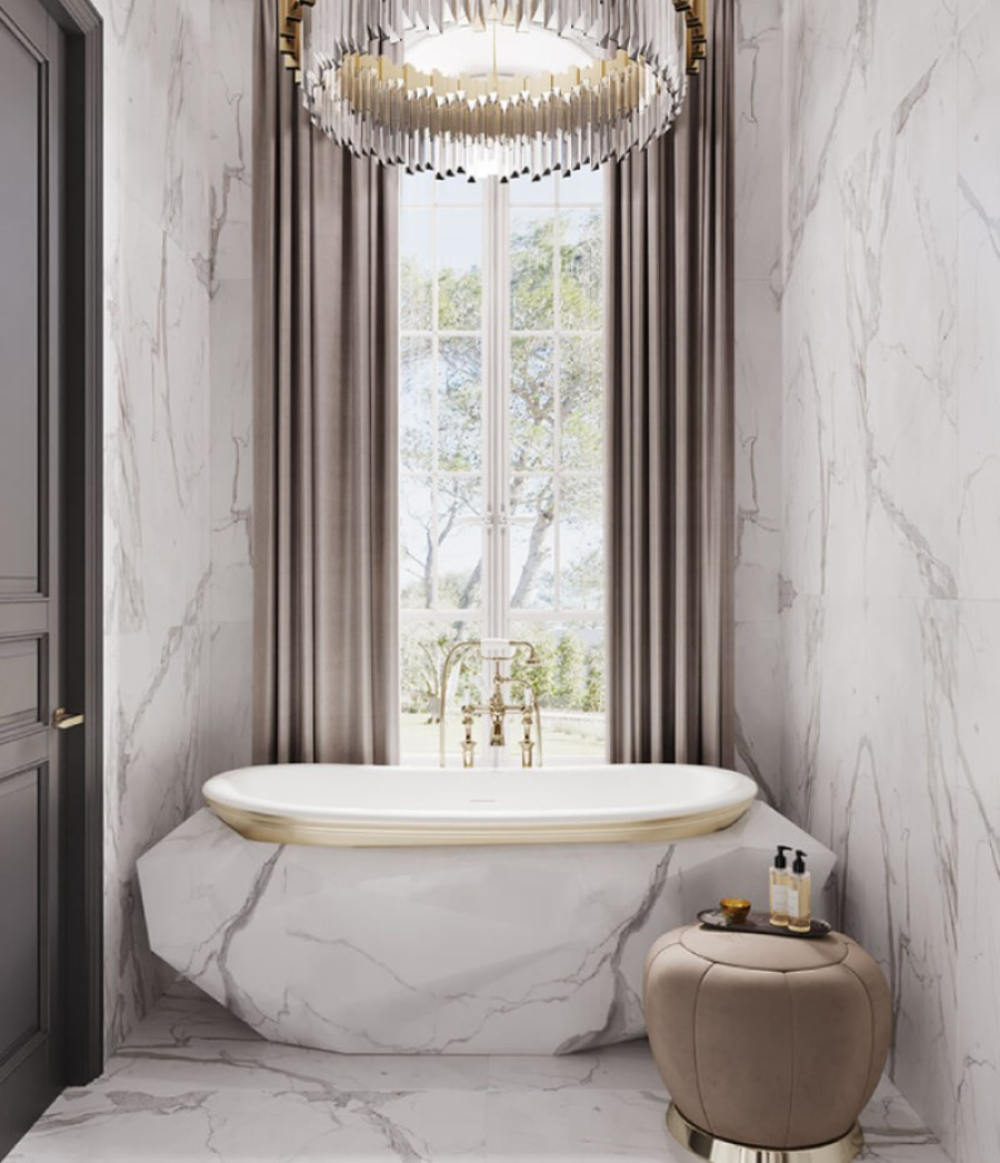 White bathrooms are magnificent, this bathroom design includes a bathtub and a chandelier.