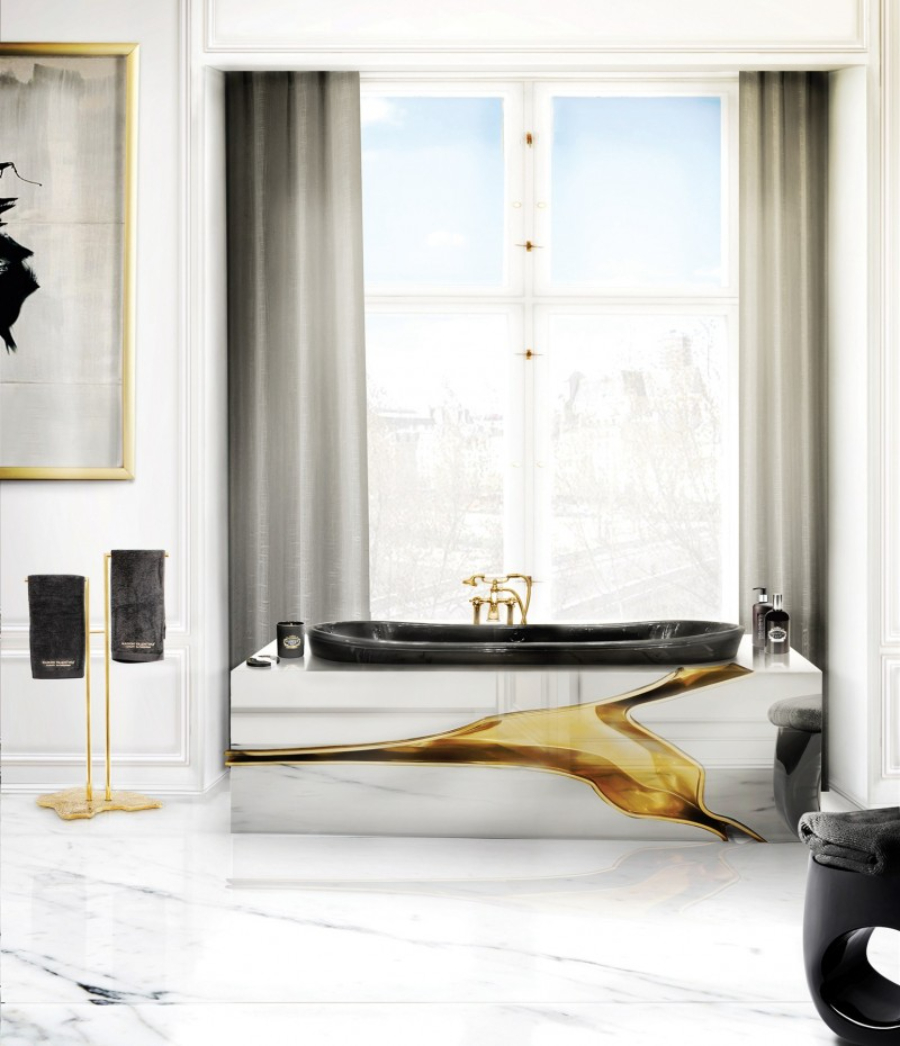 White Bathrooms are luxurious, this bathroom design has a bathtub and a towel holder.