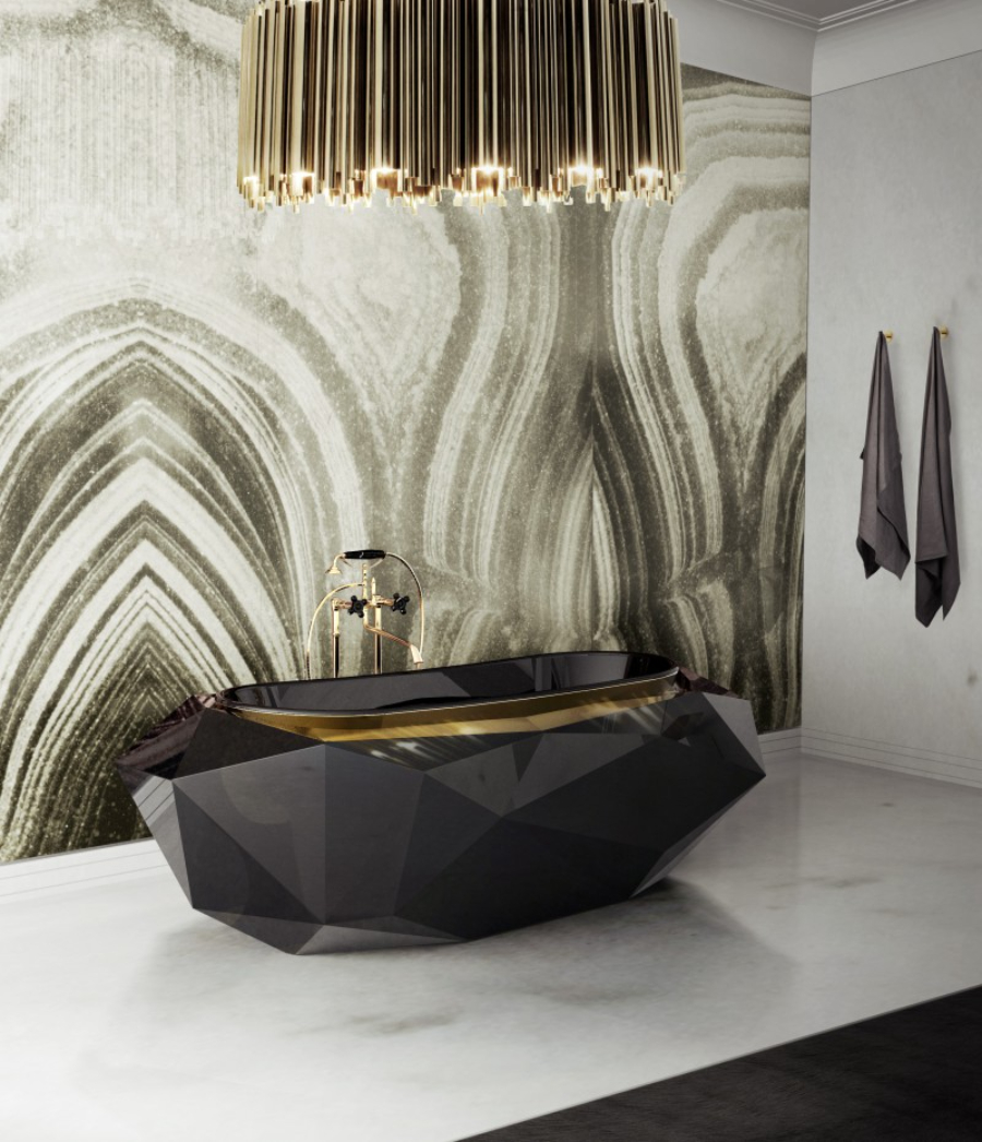 Bathroom Inspiration with a black bathtub and a majestic chandelier