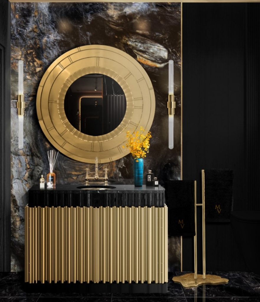 Lighting design ideas in a dark bathroom design with golden details