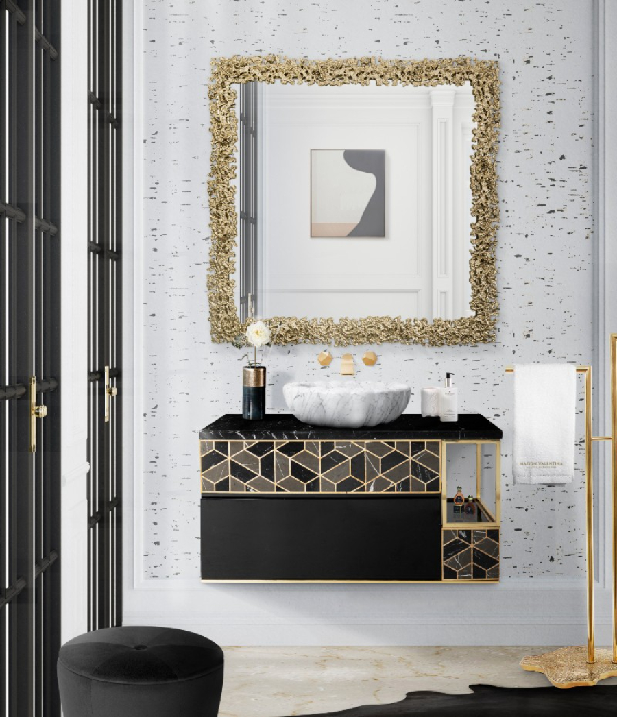Luxury Bathroom in White Tones and Golden Details Cay Square Mirror Tortoise Suspension Cabinet