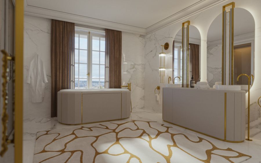 Luxury Bathroom in White Tones and Golden Details Darian Bathtub Light Marble Luxury Bathroom With Window View