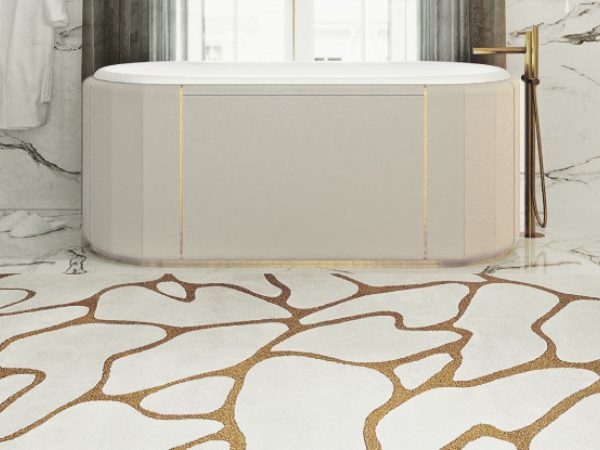 Luxury Bathroom in White Tones and Golden Details Darian Bathtub Light Marble Luxury Bathroom With Window View