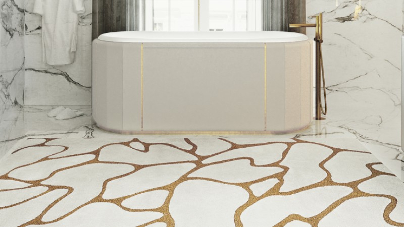 Luxury Bathroom in White Tones and Golden Details Darian Bathtub Light Marble Luxury Bathroom With Window View