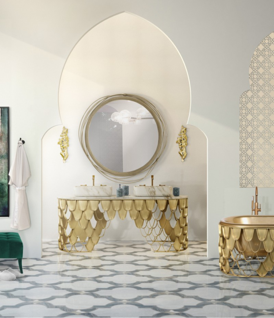 Luxury Bathroom in White Tones and Golden Details Koi Collection Koi Bathtub Koi Washbasin