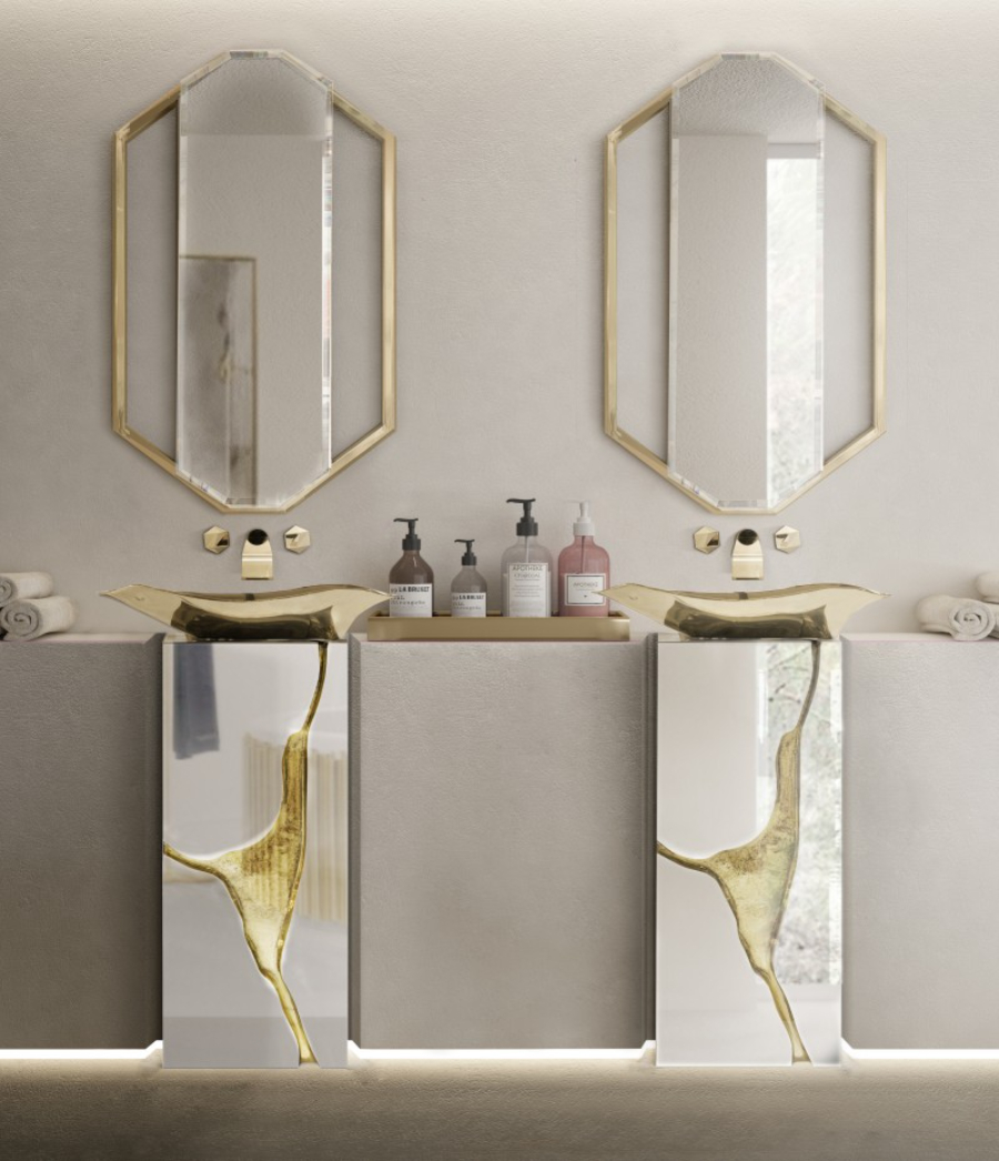 Luxury Bathroom in White Tones and Golden Details Lapiaz Freestanding and Sapphire Mirror