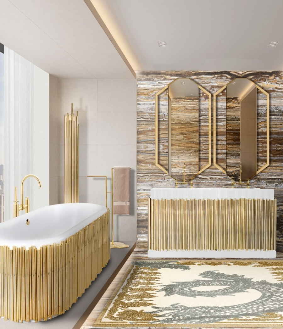Luxury Bathroom in White Tones and Golden Details Symphony Bathtub and Washbasin with Sapphire Mirror