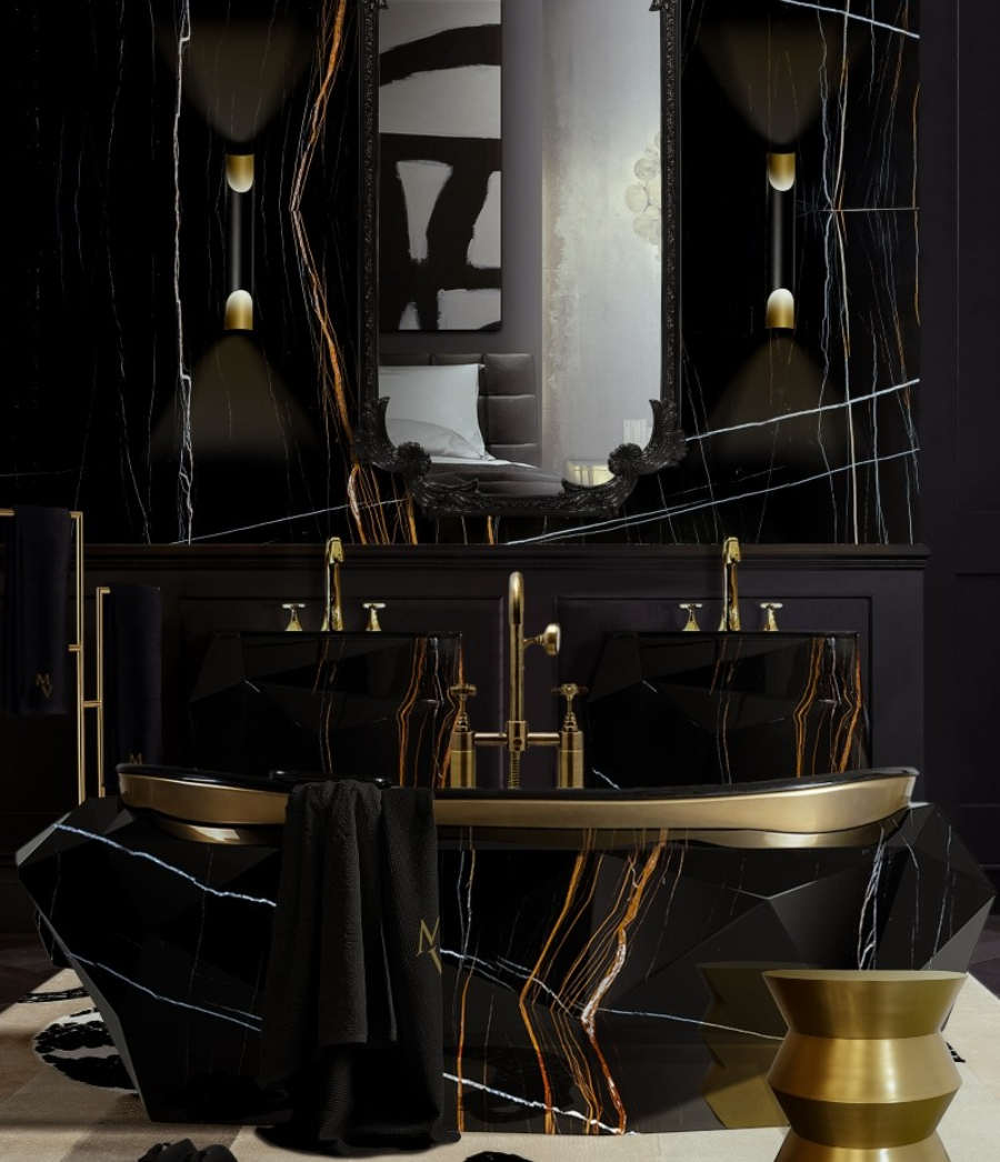 Luxury Bathrooms For Your Intimate Moments Dark Bathroom with Diamond Faux Marble Bathtub Luxurious