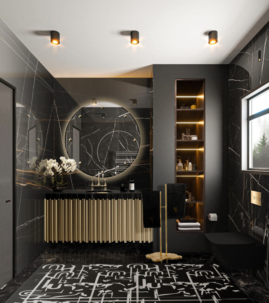 Black Marble Bathrooms To Impress with Symphony Single Suspension Cabinet, Glimme Mirror and Eden Towel Rack Golden Details