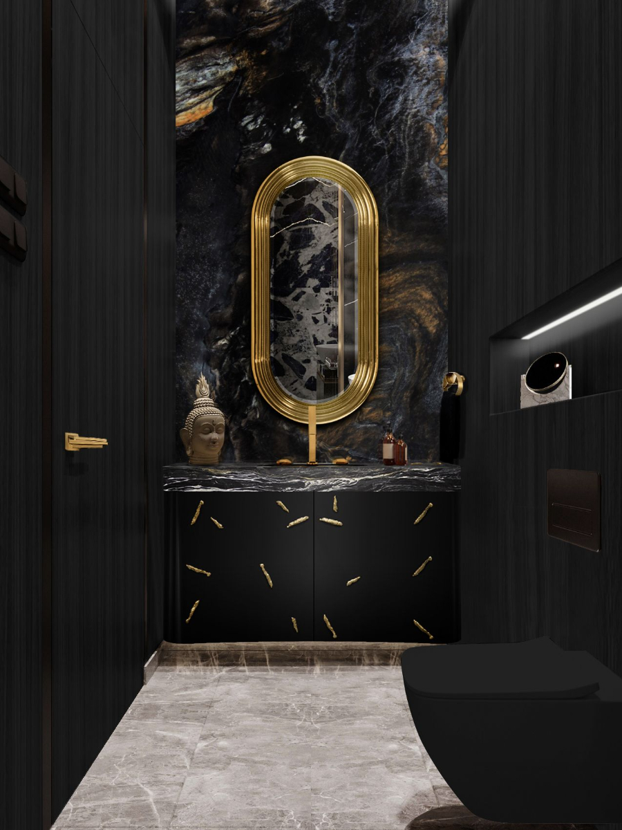 Black Marble Bathrooms To Impress with Baraka Single Washbasin and a Colosseum Small Mirror and Golden Details
