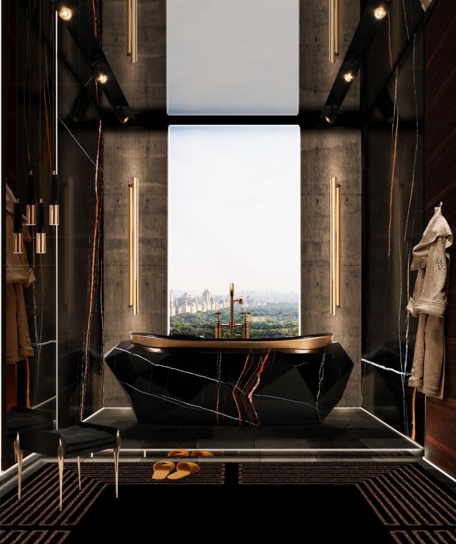 Black Marble Bathrooms To Impress with The Diamond Faux Marble bathtub and a window view