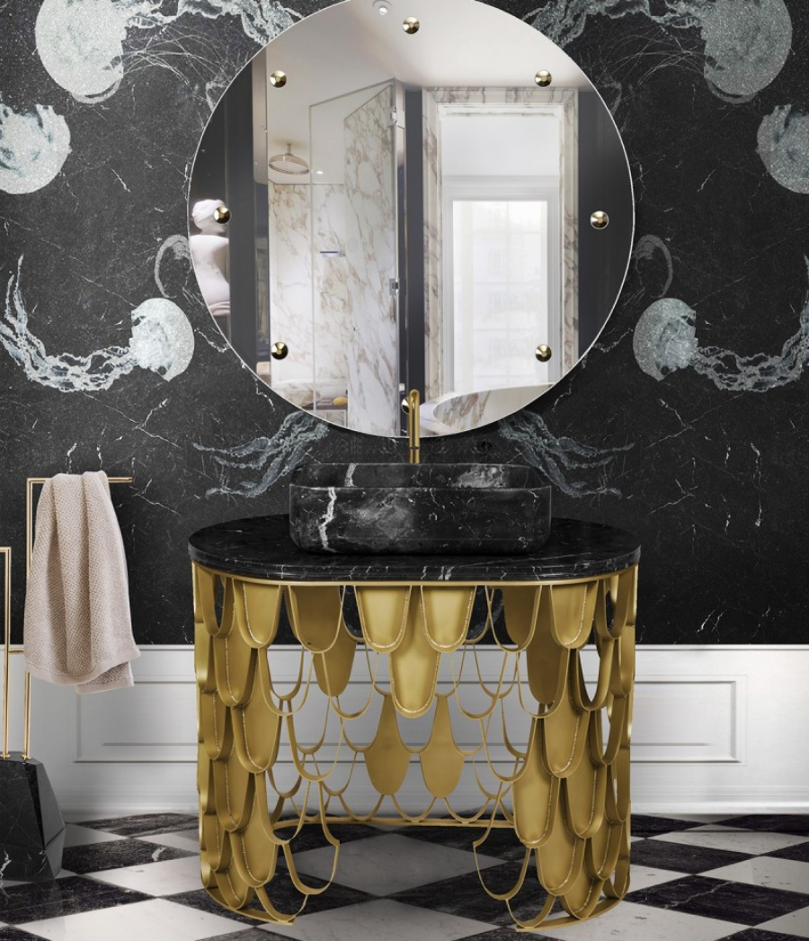 Luxury Bathrooms Vanities That Impress Koi Single Washbasin Black Gold and White Bathroom