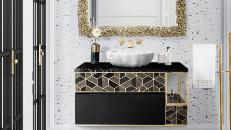 Luxury Bathrooms Vanities That Impress Tortoise Suspension Cabinet Terrazzo Bathroom Golden Details Marble