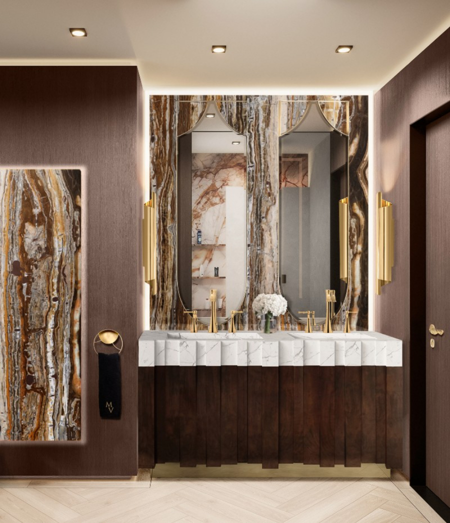Modern Bathrooms The Trending Biophilic Design Nazca Suspension Cabinet Wood Material Neutral Tones Gold Details
