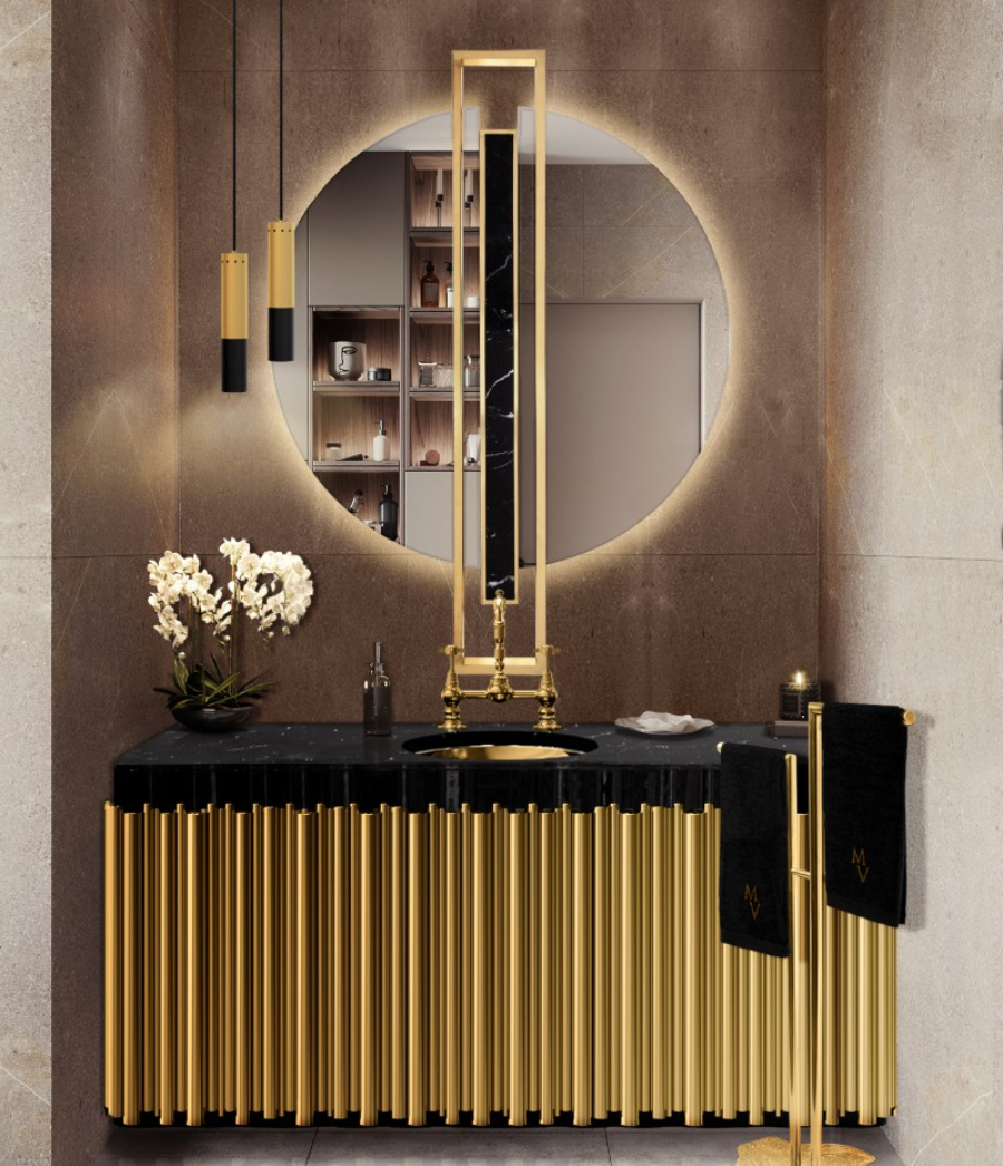 Washbasins To Level Up Your Modern Bathroom Symphony Single Vanity Cabinet Gold Details Marble Surface