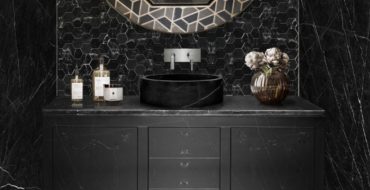 Luxury Bathrooms Tortoise Mirror Metropolitan Vanity Cabinet Koi Round Vessel Sink Black Bathroom ATO Collection