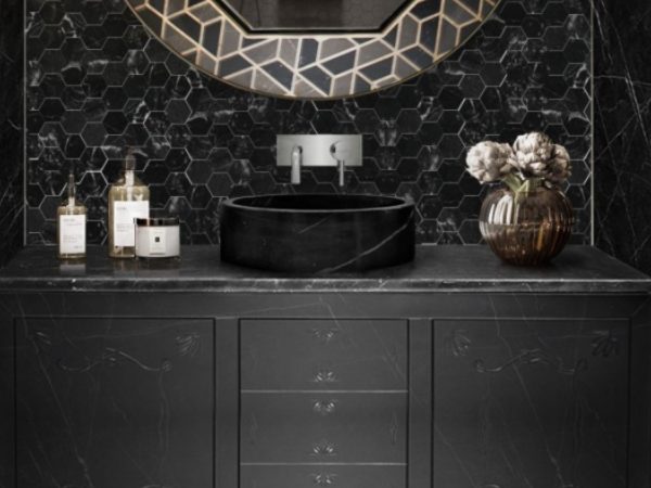 Luxury Bathrooms Tortoise Mirror Metropolitan Vanity Cabinet Koi Round Vessel Sink Black Bathroom ATO Collection