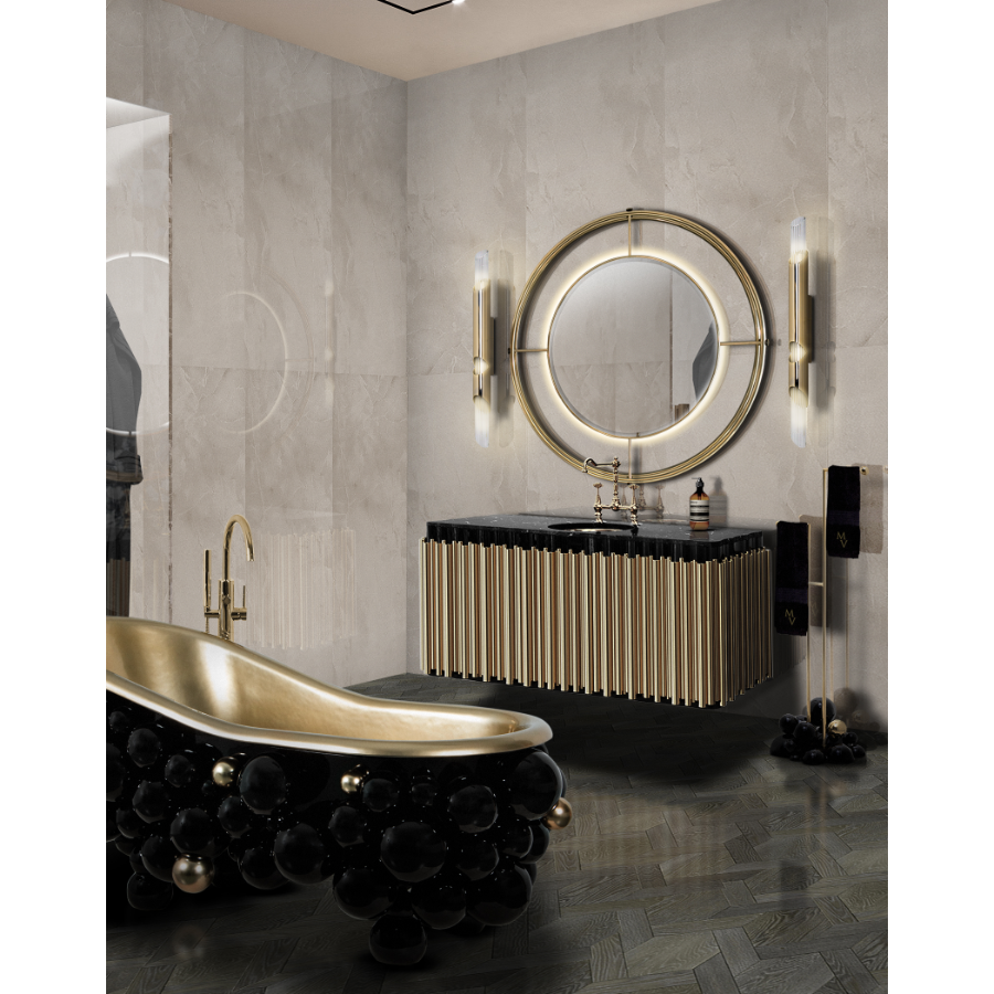 Best Bathtubs for a Modern Bathroom Style: elegant luxury bathroom with golden highlights and the Newton Bathtub
