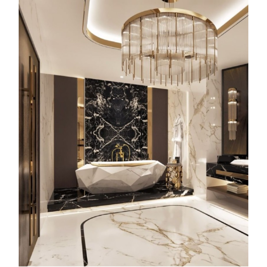 White Marble Design Vanity With Gold Finishes