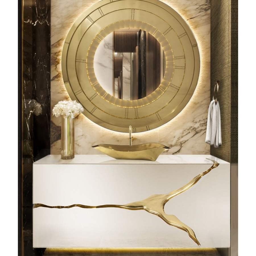 BLISSFULNESS GOLD BATHROOMM WITH BLAZE MIRROR AND LAPIAZ SUSPENSION CABINET