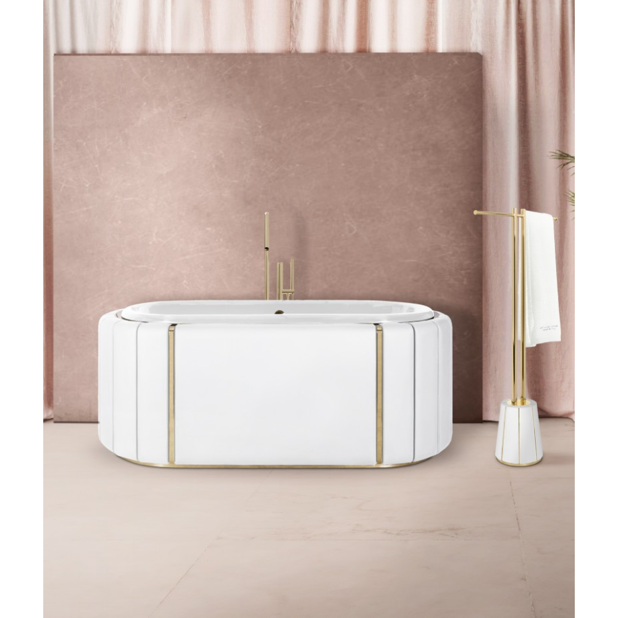 CHARMING PINK BATHROOM WITH WHITE DARIAN TOWEL RACK AND WHITE DARIAN FREESTANDING