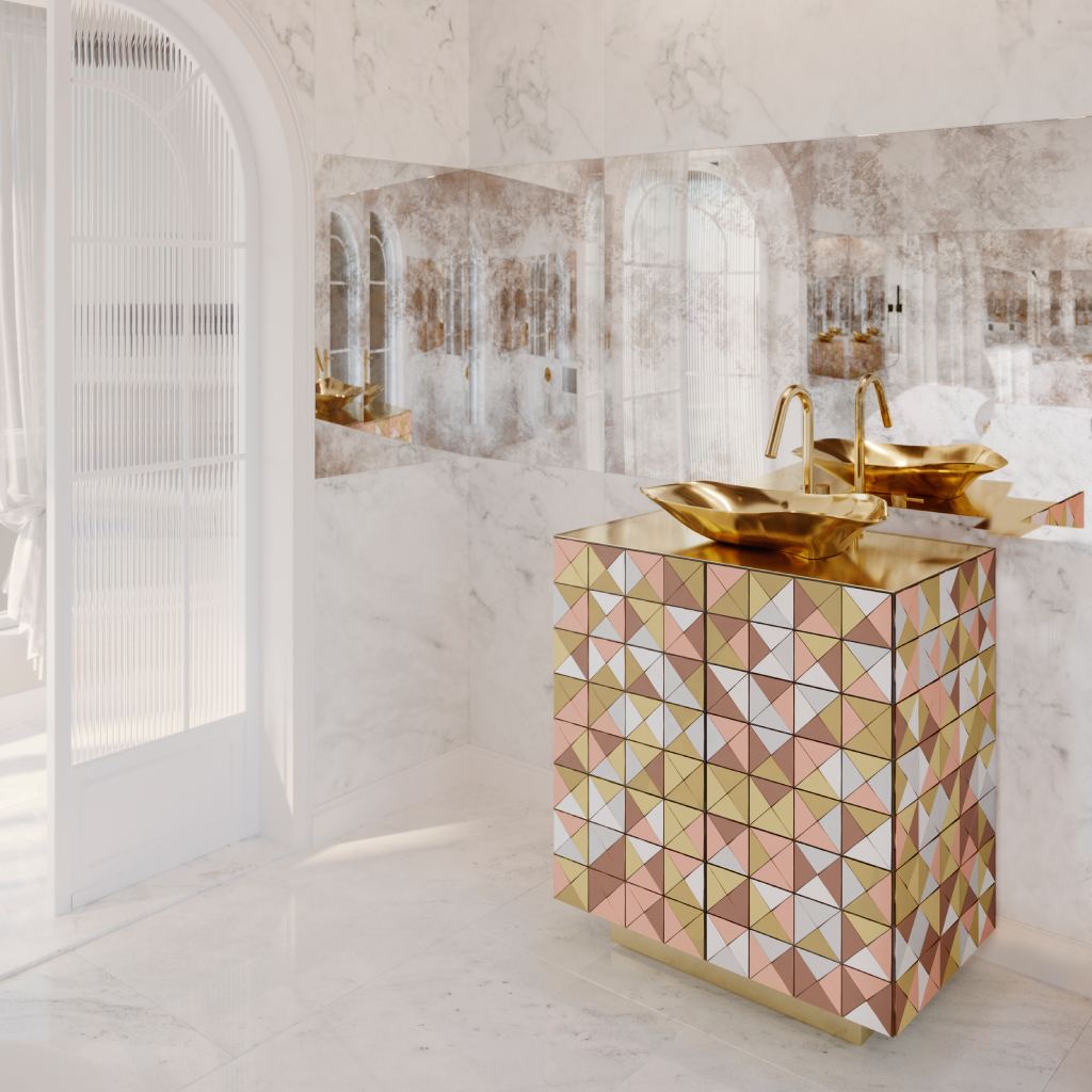 Luxury powder bathroom with Pixel Single Vanity Cabinet in gold, rose, and white geometric patterns, Lapiaz Vessel Sink, Origin Three Hole Mixer Tap, and warm ambient lighting