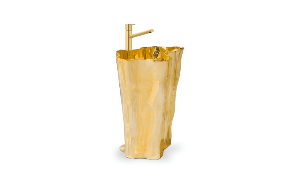 Eden Pedestal Sink with organic tree-stump shape in cast aluminum, textured surface, and sculptural gold finish, transforming powder bathrooms into luxurious, nature-inspired retreats.