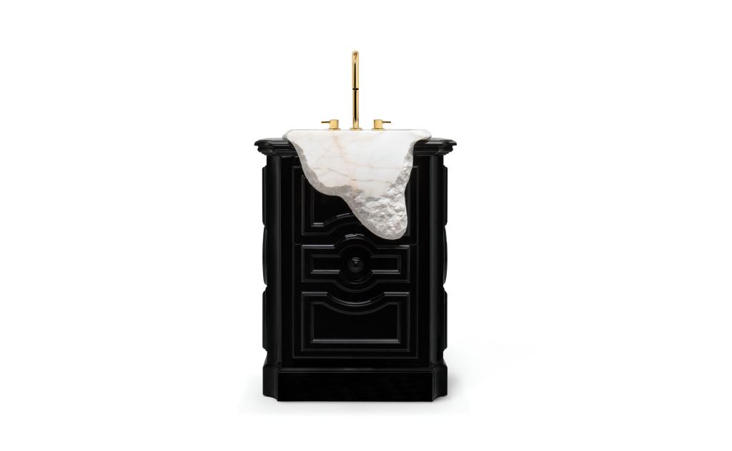 Petra Modern Pedestal Sink in a luxury powder bathroom, featuring a high-gloss black lacquered wood base with drawer and a carved Estremoz marble vessel sink.