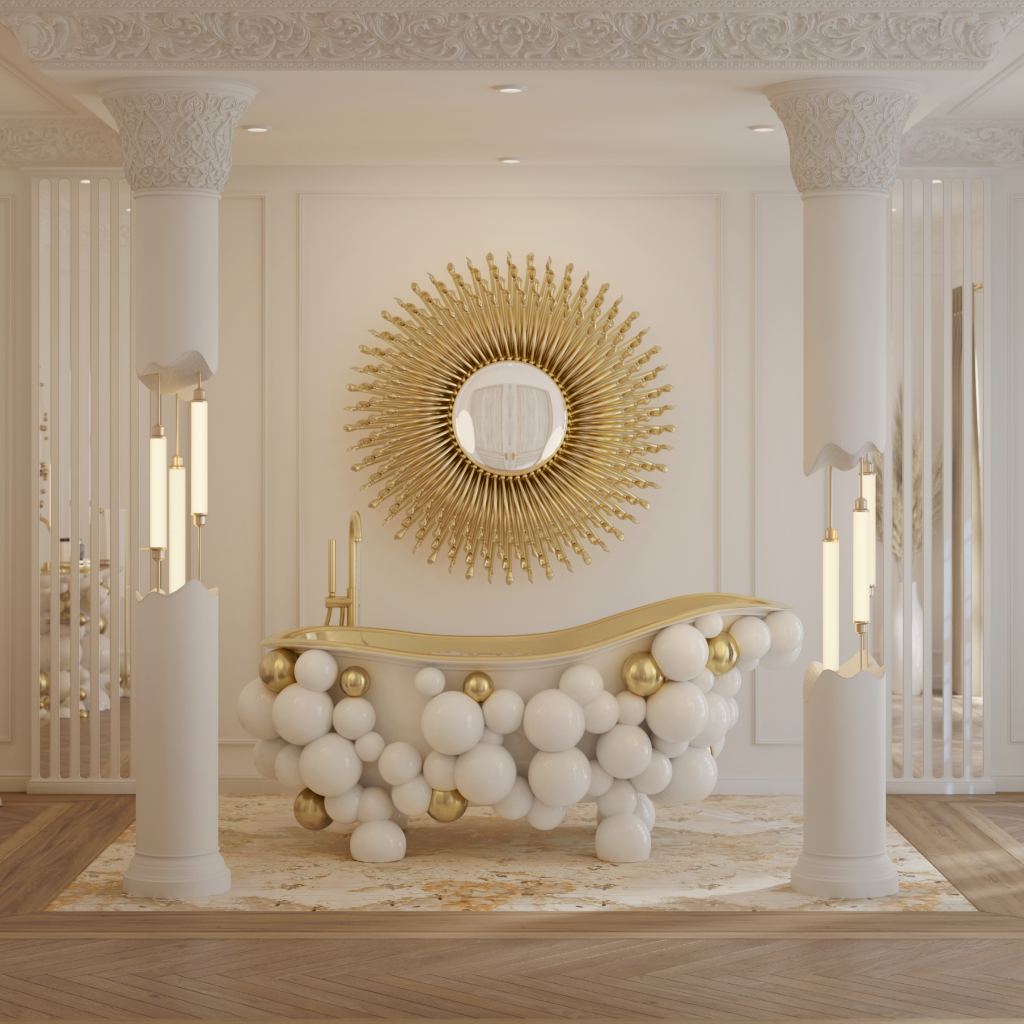 Luxury bathrooms with Newton Bathtub featuring floating white and gold spheres, complemented by Goddess Mirror and neoclassical design elements.