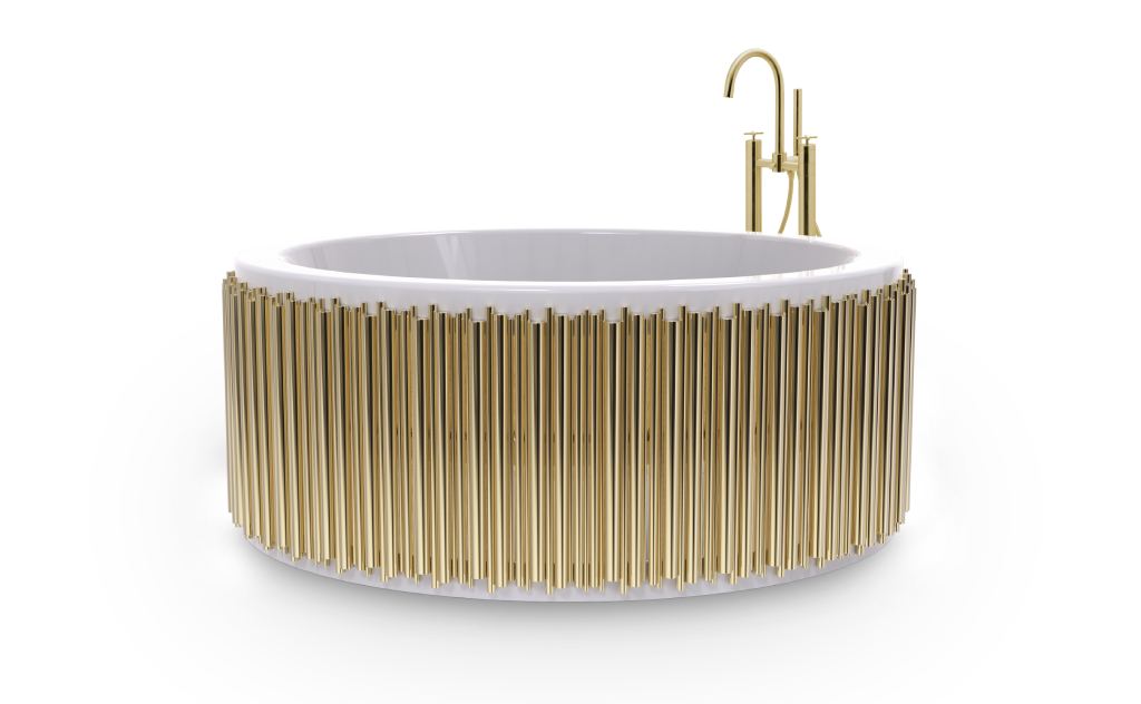 Luxury bathrooms featuring Symphony Bathtub with gold-plated brass tubes and white fiberglass, inspired by music, creating an elegant and artistic centerpiece.