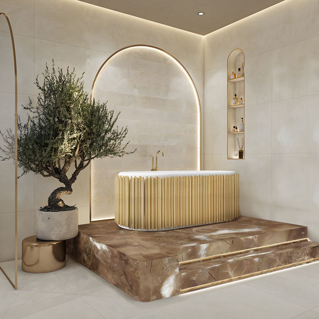 Luxury bathrooms featuring Symphony Oval Bathtub with gold metallic design, Pulse Floor Mixer, integrated LED lighting, and bonsai tree, creating a spa-inspired wellness sanctuary.