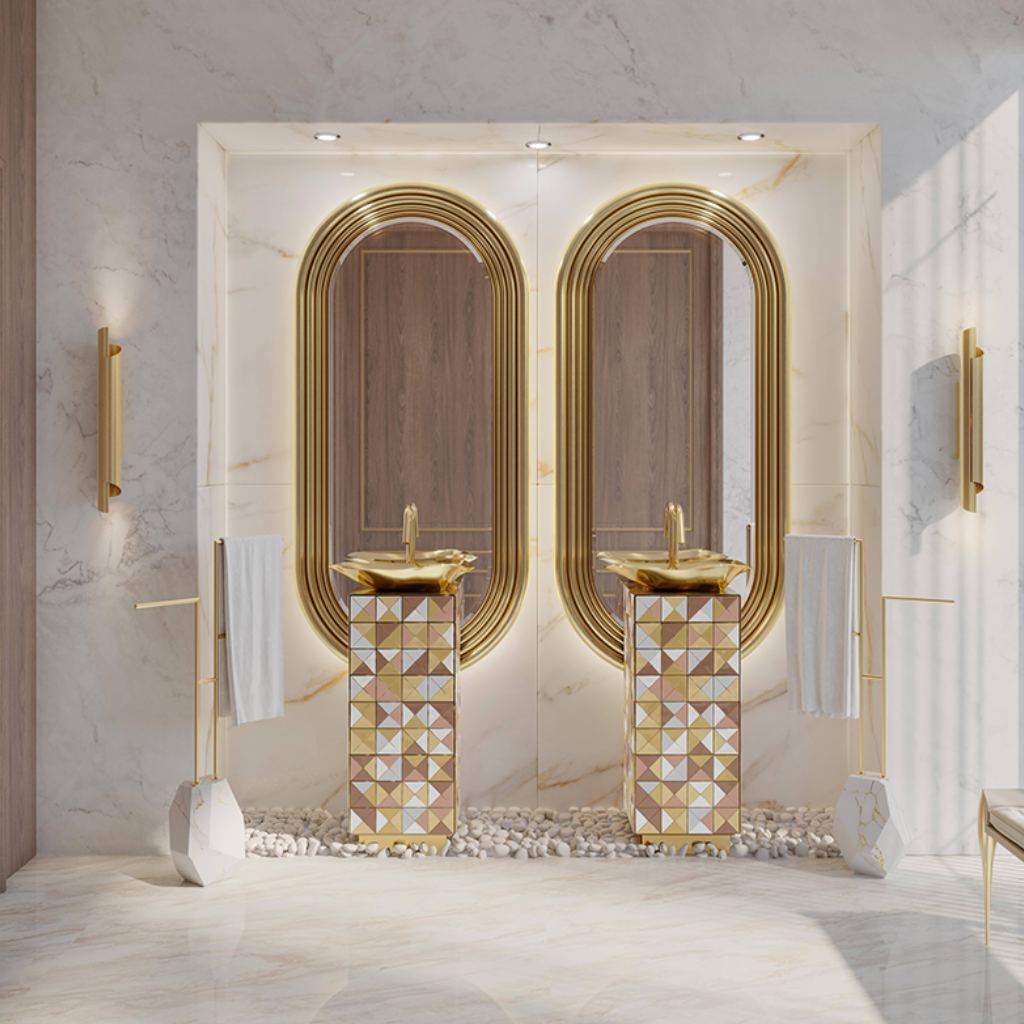 Luxury bathrooms featuring Pixel Pedestal Sink with gold, silver, and bronze tiles, Colosseum Mirror with arched golden frame, and sculptural accents for elegant and artistic design.