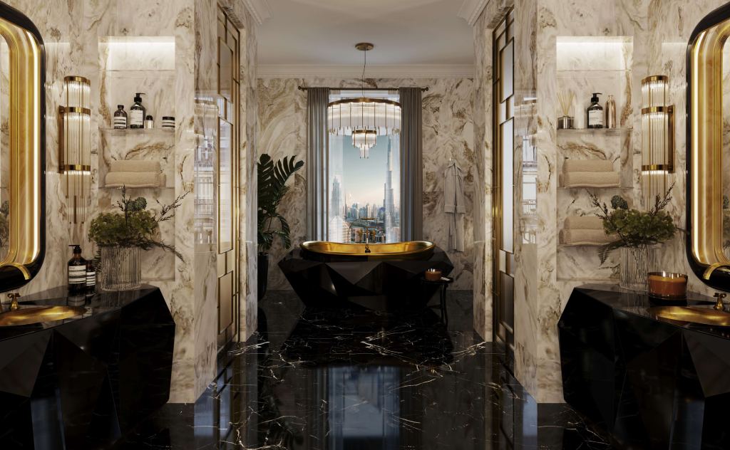 Luxury master bathroom with Diamond Bathtub, Diamond Single Vanity Cabinets, Ring Rectangular Mirror, Pharo II lamps, black marble floors, and Dubai skyline views.