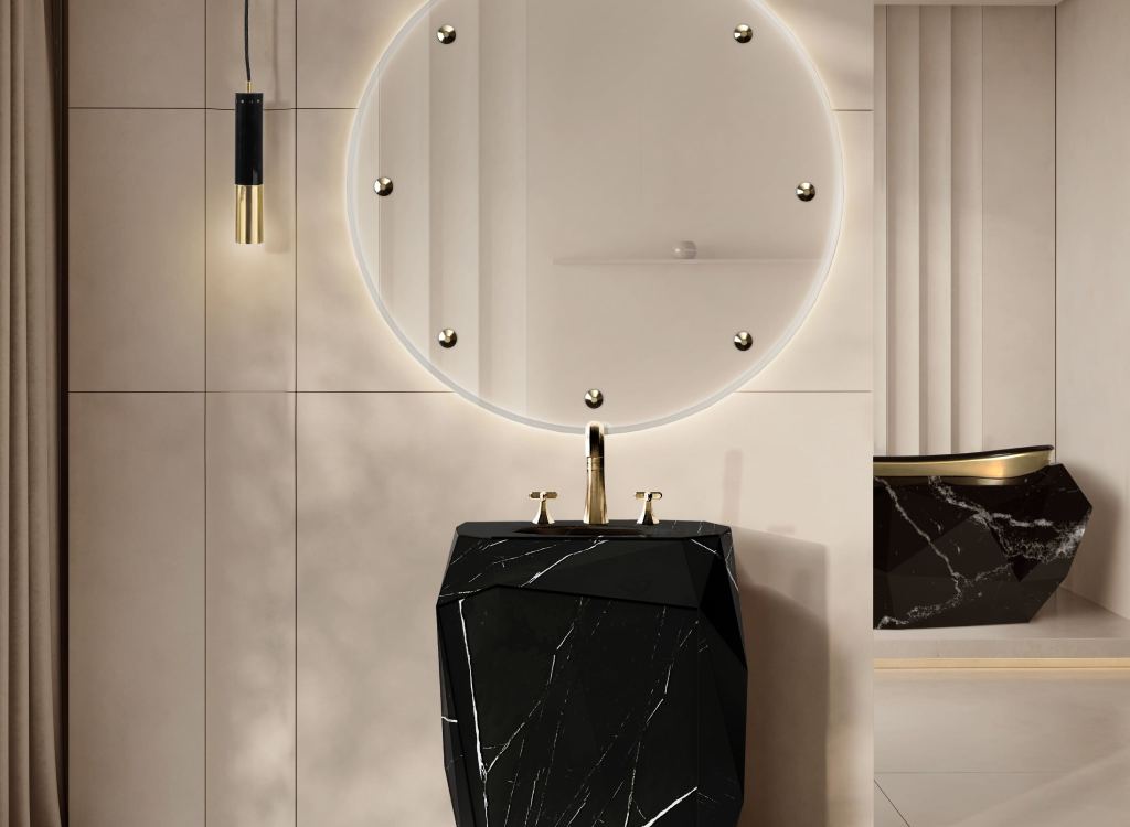 Master bathroom featuring Maison Valentina’s Diamond Pedestal Sink, Diamond Bathtub, and Glimmer Mirror, showcasing geometric shapes, backlit detailing, and luxurious contemporary design.